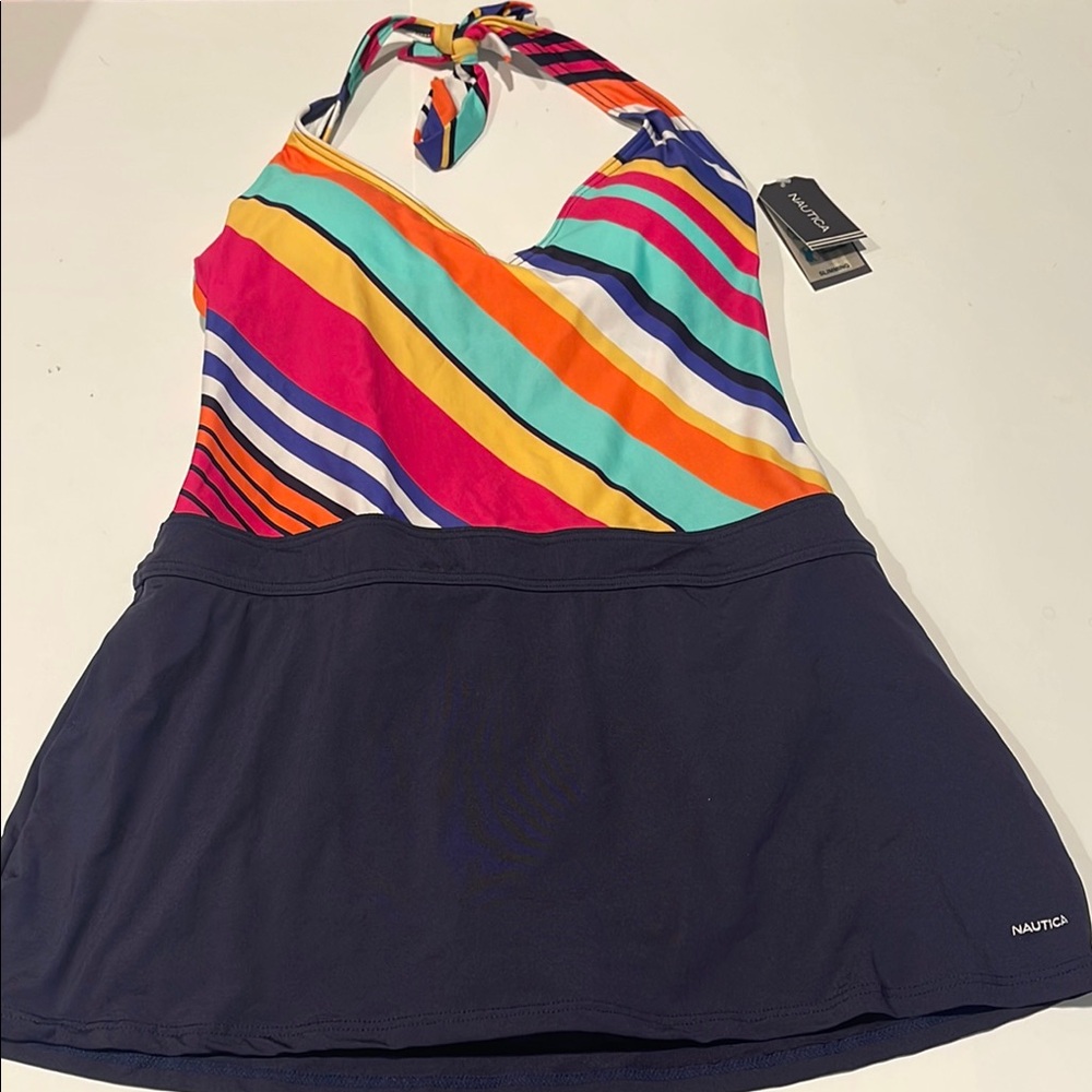 Nautica one piece skort swim navy striped MSRP $118